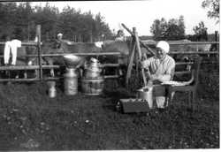 Tarkastuskarjakko ottamassa maitonäytteitä Savon tilan karjasta mahdollisesti 1930-luvulla.