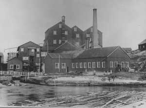 The Jämsänkoski sawmill continued to operate after the pulp mill was built. Sawmill building second from left. The picture was taken before the year 1895.