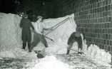   Shovelling pulp by hand in the pulp container in 1952. From the left: Uuno Järvinen, Pauli Tähtinen, Eino Sakslin.