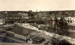 The assembly hall which housed the factory school, second building from left. It also served as a temporary church in the 1920s.