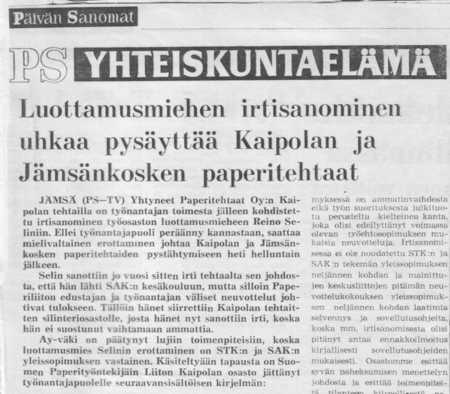 Reino Selinin irtisanomisesta syntyi osaston ja työnantajan välinen voimainkoitos. 