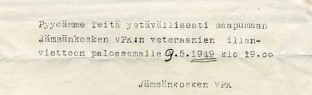 Veteraanit kutsuttiin illanviettoon kuvan kutsukortilla vuonna 1949