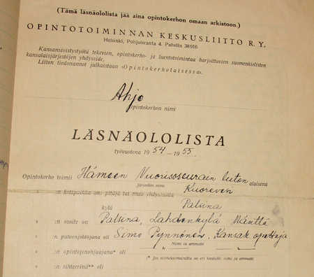 Palsinan opintokerhon läsnäololista 1954