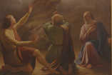   Jeesuksen oppilaista veljekset Jaakob (oikealla) ja Johannes (vasemmalla) sekä Pietari keskellä. Evankeliumien mukaan oppilaat olivat peloissaan. Taiteilija ilmentää ehkä enemmän kunnioituksen tunnetta. (Hanka)